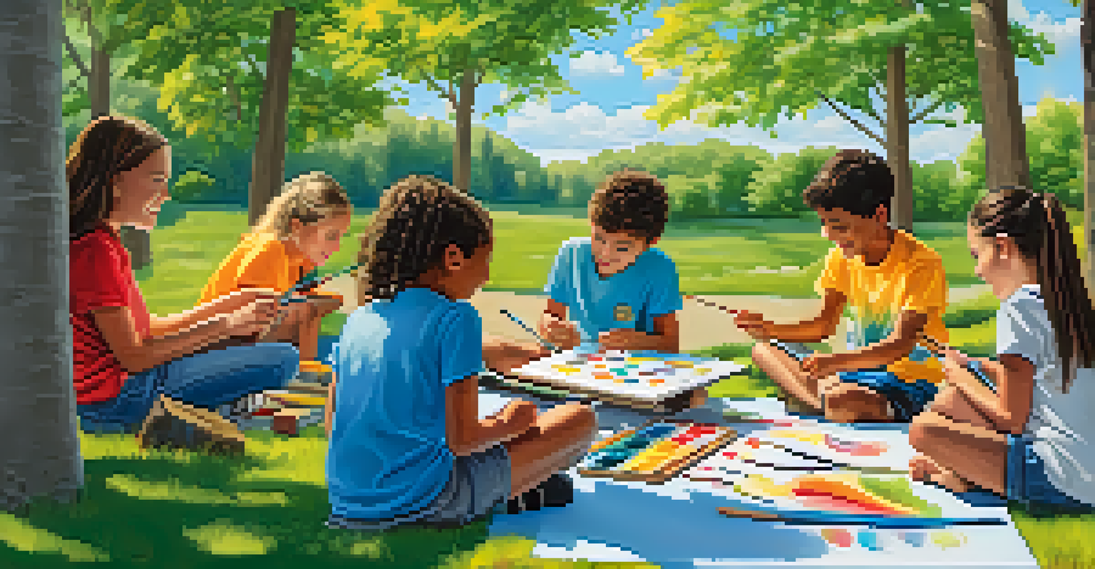 Students outdoors creating art inspired by their favorite stories, surrounded by nature.