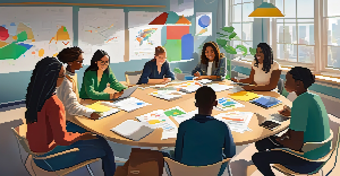 A diverse group of students working together on a project at a table with laptops and notes, in a bright room filled with natural light.