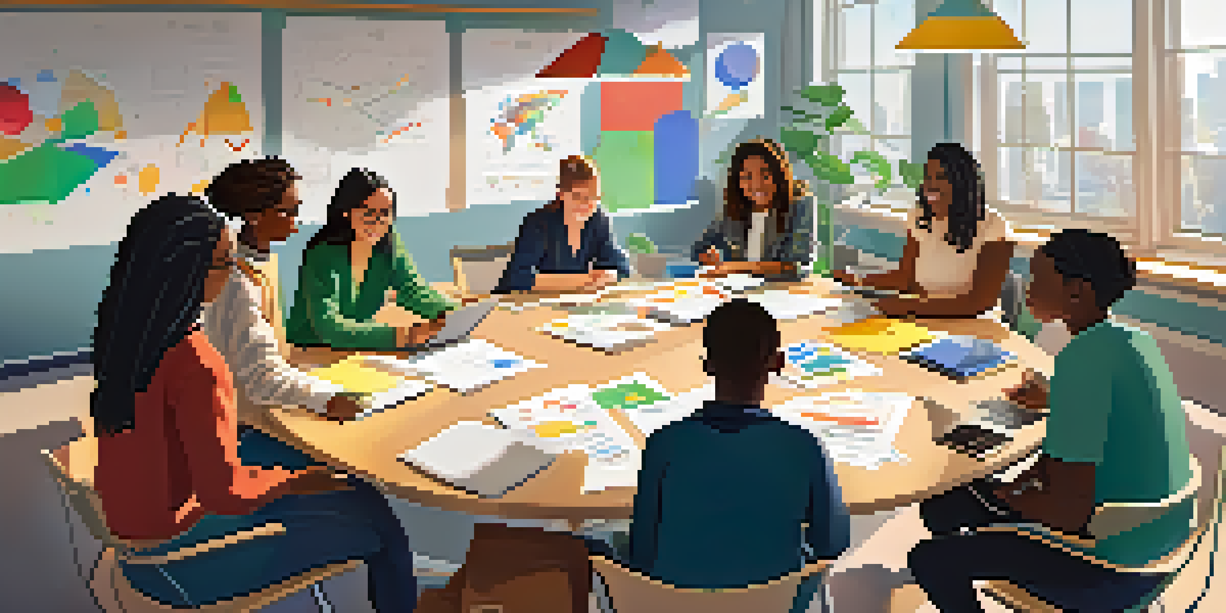 A diverse group of students working together on a project at a table with laptops and notes, in a bright room filled with natural light.