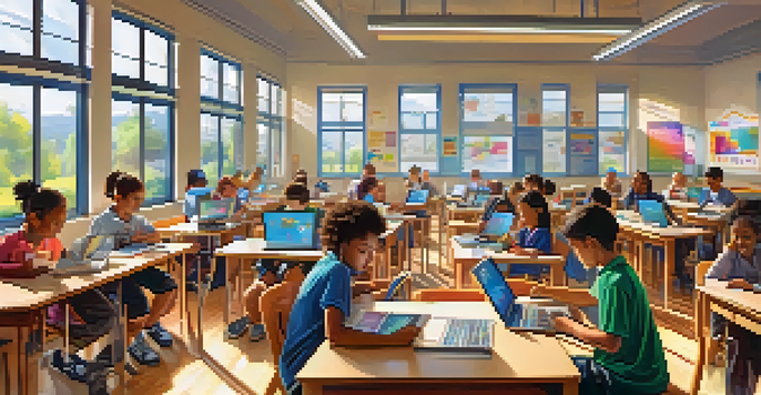 A colorful classroom filled with engaged students using tablets and laptops, with natural light streaming through the windows.