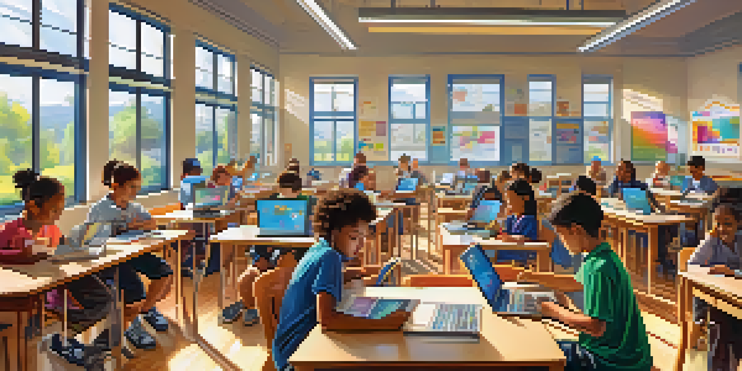 A colorful classroom filled with engaged students using tablets and laptops, with natural light streaming through the windows.