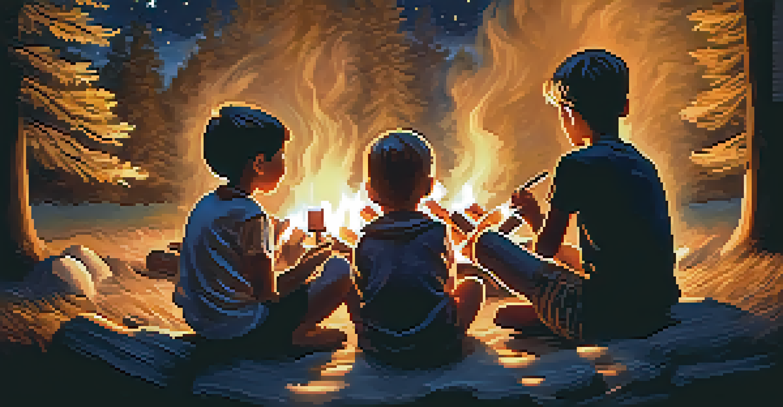 Children gathered around a campfire under a starry night sky, sharing stories and roasting marshmallows.