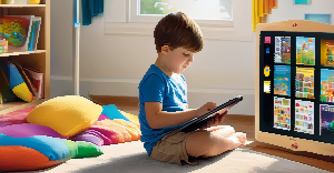 A child with special needs using a tablet in a colorful and cozy educational environment.