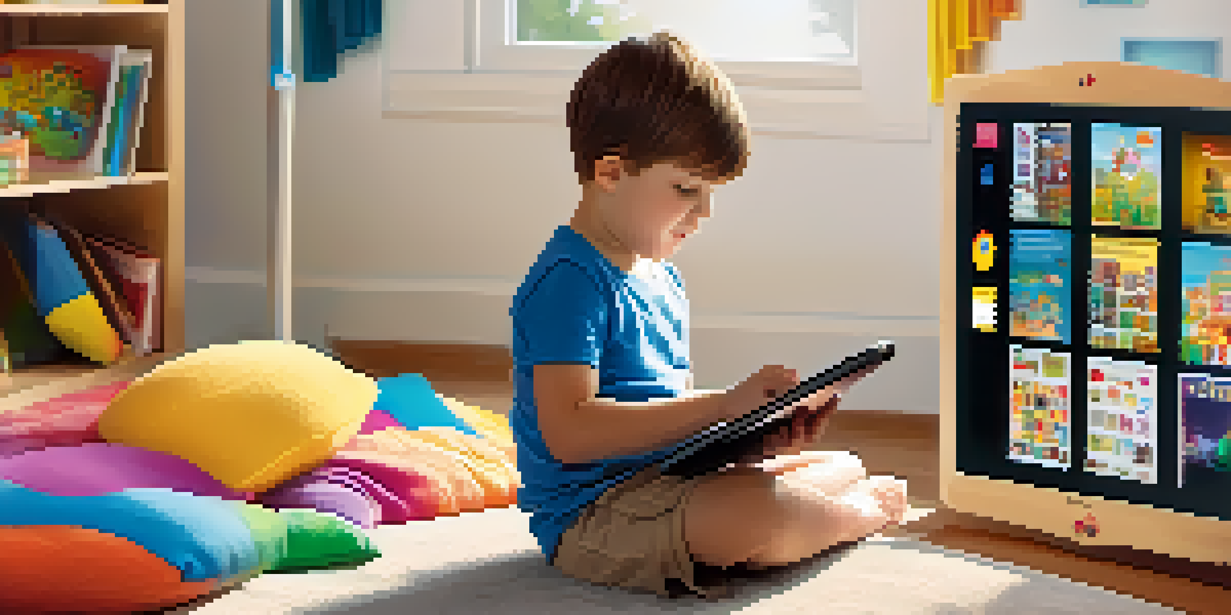 A child with special needs using a tablet in a colorful and cozy educational environment.