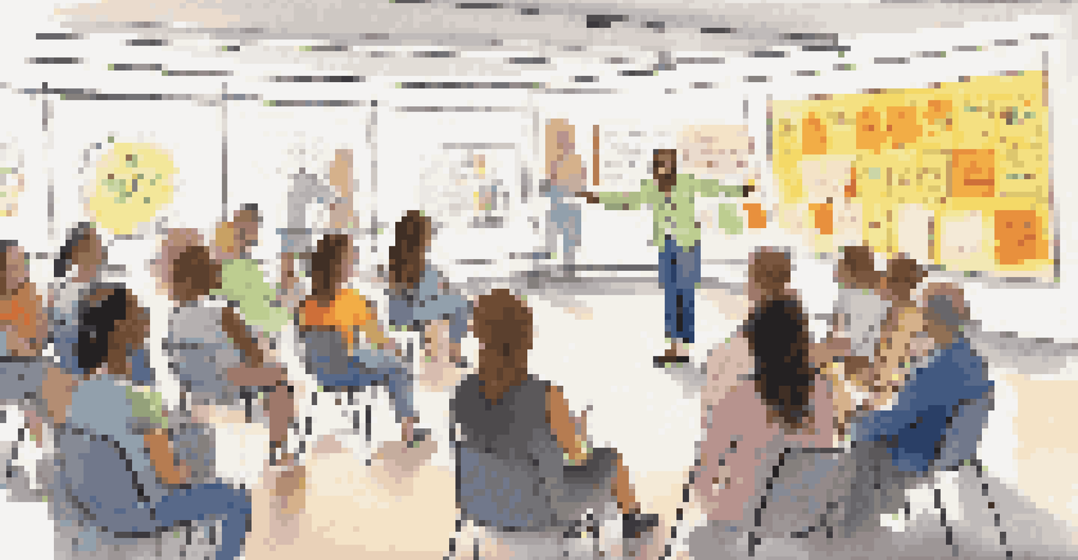 A mentor leading a workshop with participants engaged in a circle, surrounded by notes and a whiteboard.
