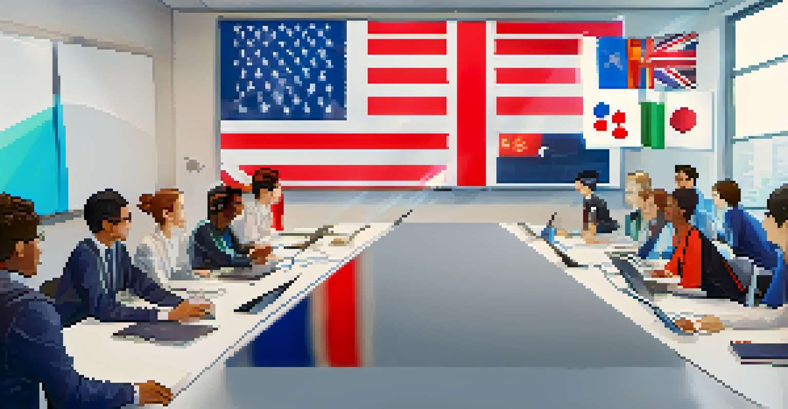 A video conference with diverse learners from around the world collaborating on a digital project, featuring flags and a modern virtual environment.