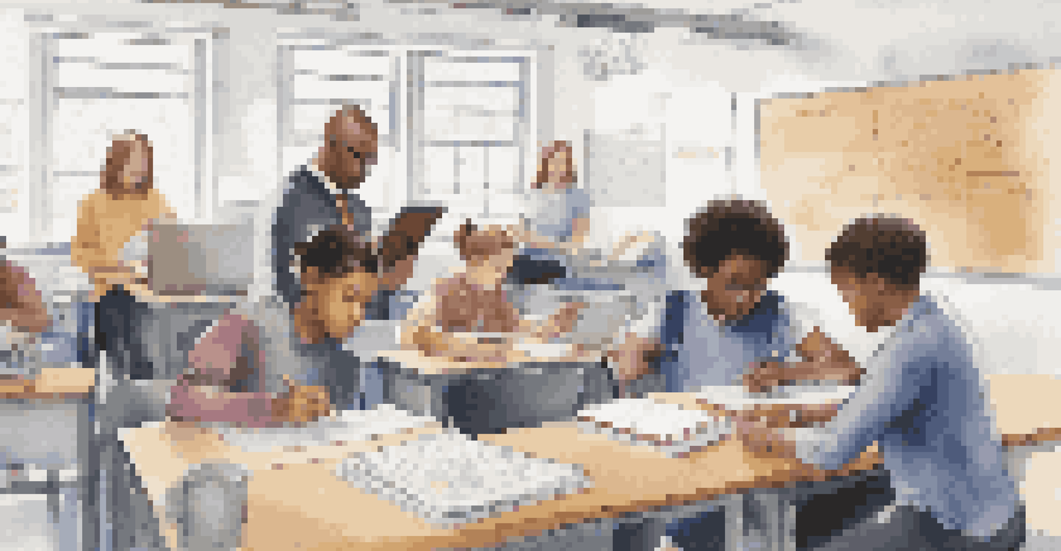 A teacher reviewing student performance data on a tablet while diverse students collaborate at their desks in a bright classroom.