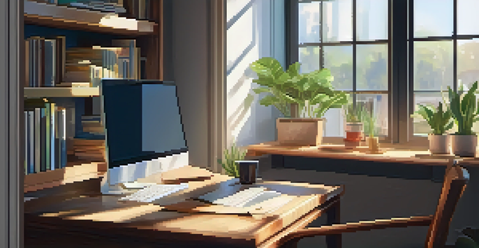 A cozy home office with a wooden desk, a laptop, bookshelves, and a plant under warm sunlight.