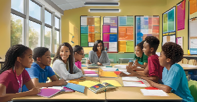 A diverse group of students and educators in a modern classroom engaged in a mentoring session, with bright colors and natural light.