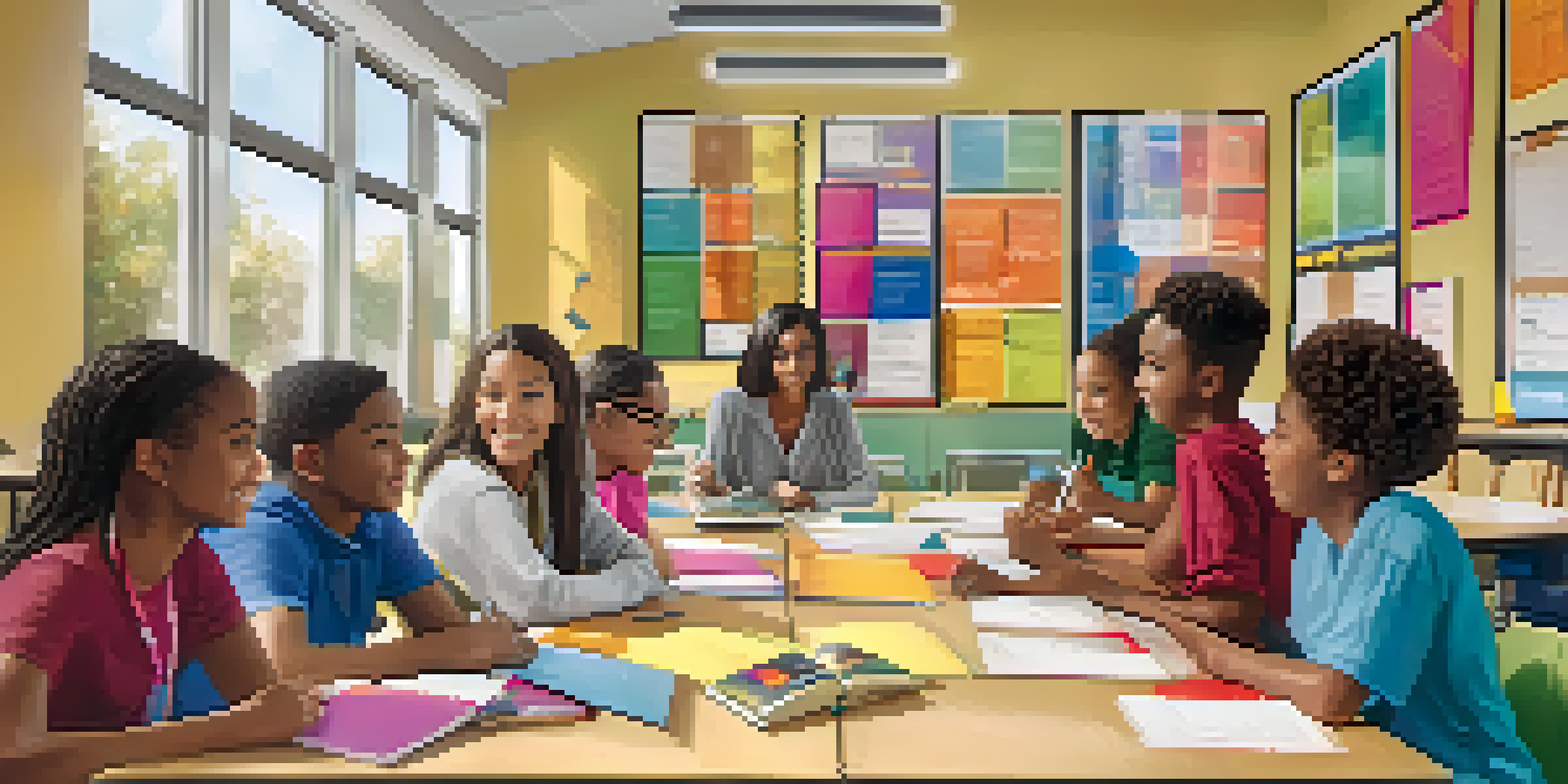 A diverse group of students and educators in a modern classroom engaged in a mentoring session, with bright colors and natural light.