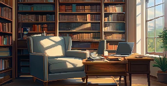 A cozy study room with bookshelves, a reading chair, a desk with a laptop, and warm sunlight coming through the window.