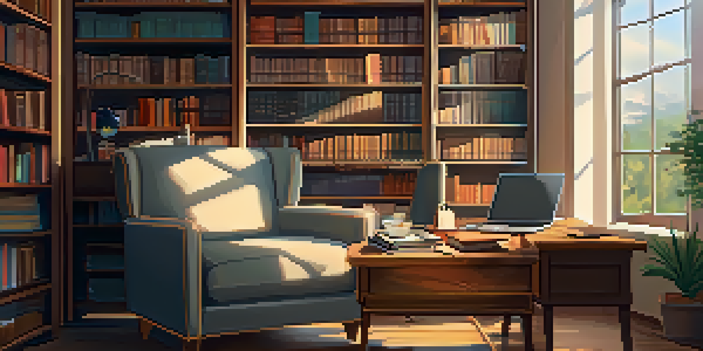 A cozy study room with bookshelves, a reading chair, a desk with a laptop, and warm sunlight coming through the window.