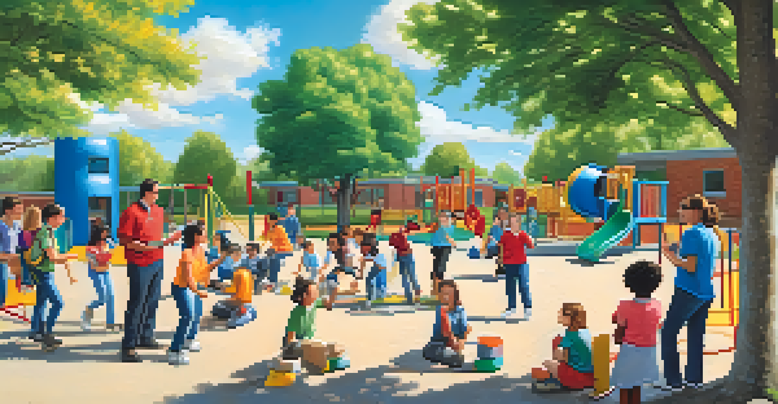 Teachers and students enjoying a team-building exercise outdoors in a vibrant school setting, with trees and playground equipment in the background.