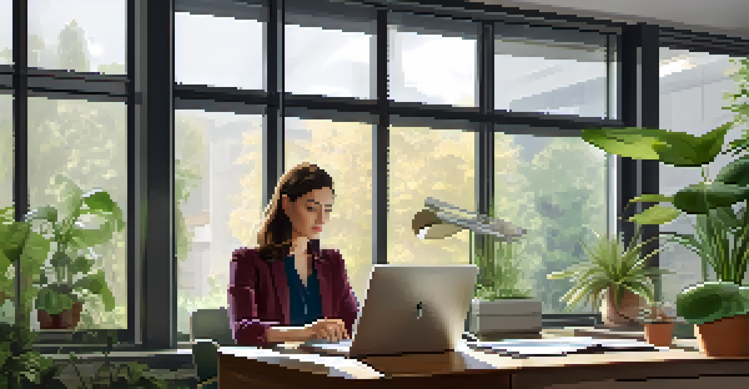 An educator analyzing data on a laptop in a well-lit modern office, with charts displayed on screen and notebooks on the desk.