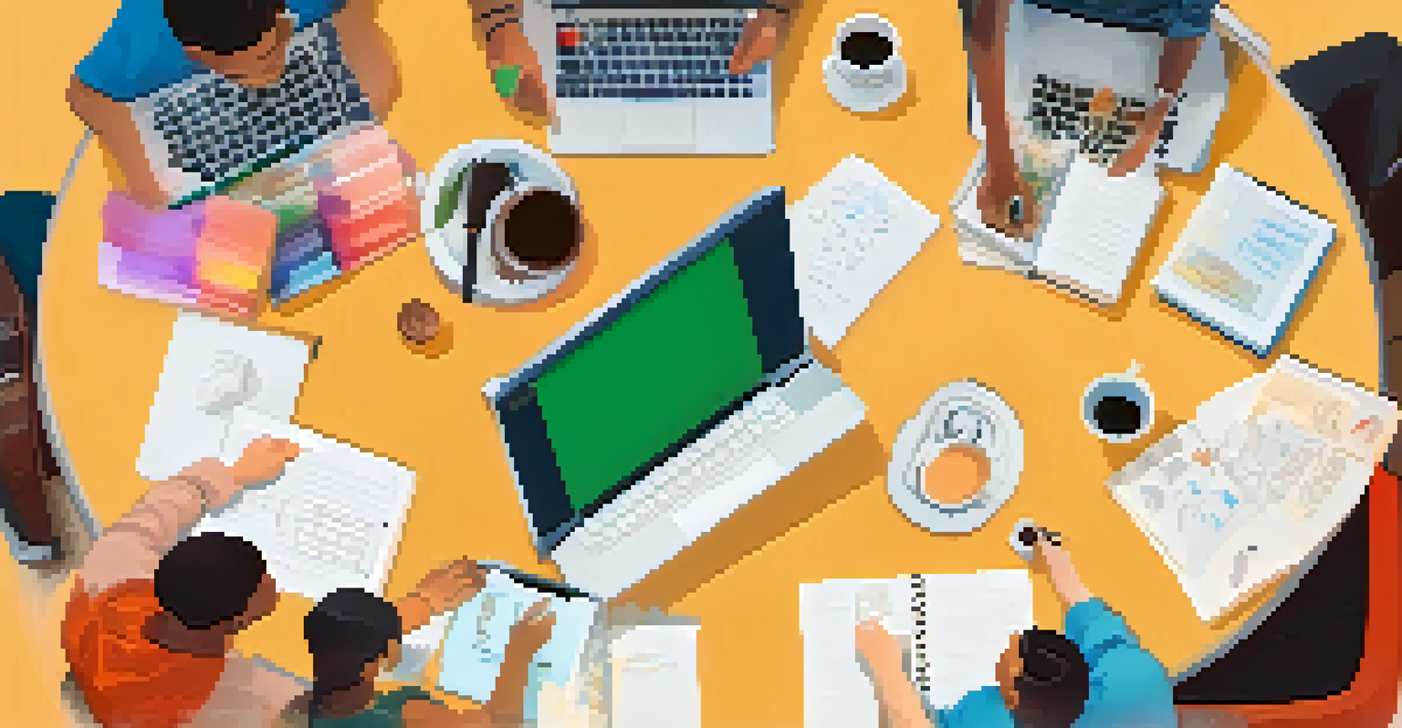 An overhead view of students around a round table, engaged in a video call, discussing their project with notebooks and coffee cups.