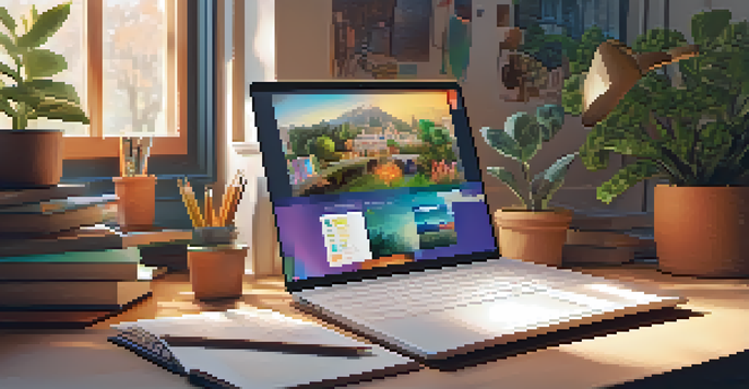 A cozy study room with a laptop displaying a colorful digital portfolio, surrounded by books and plants.