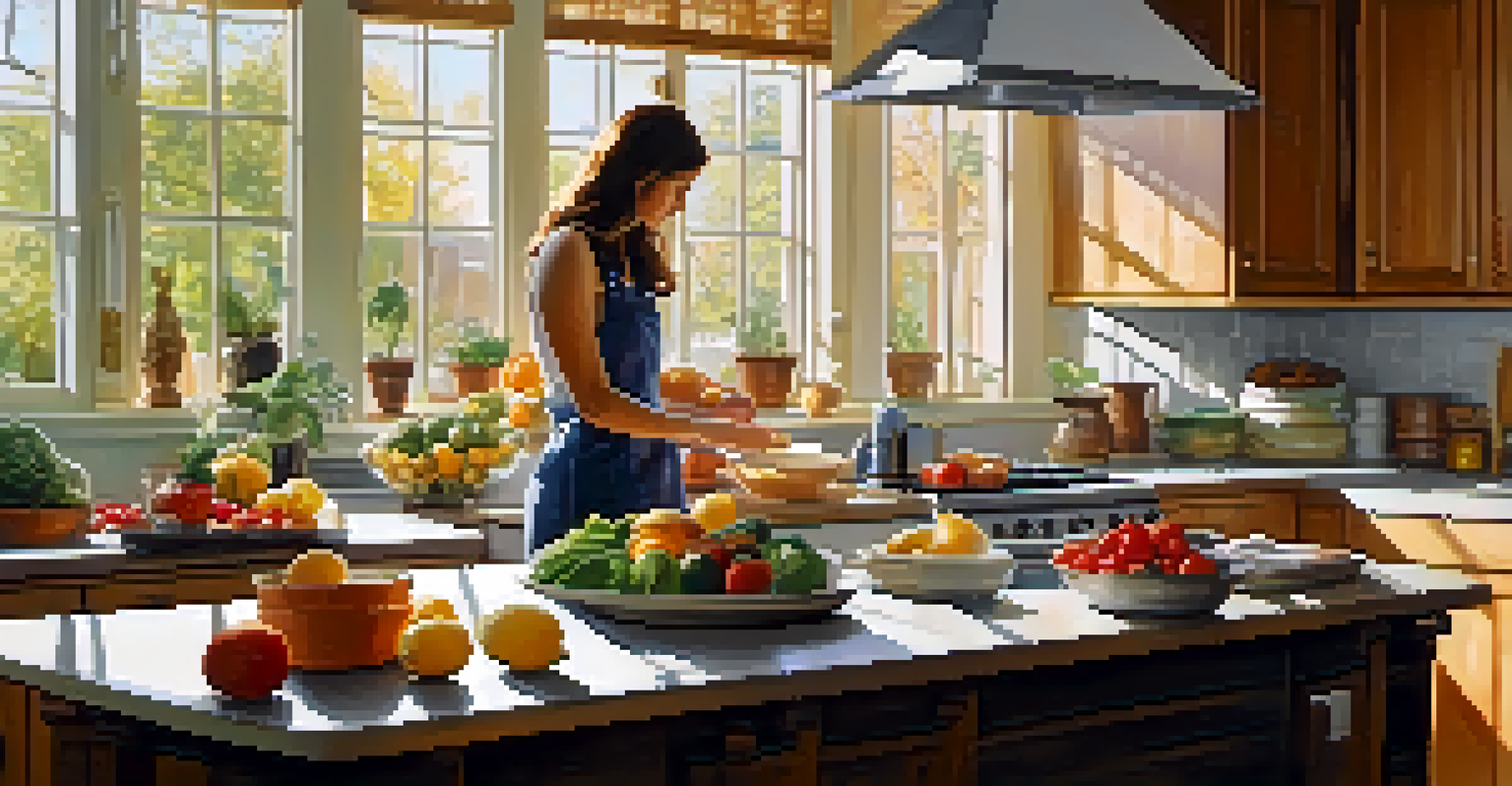 A person measuring food portions in a kitchen, surrounded by fresh fruits and vegetables, with sunlight streaming in.