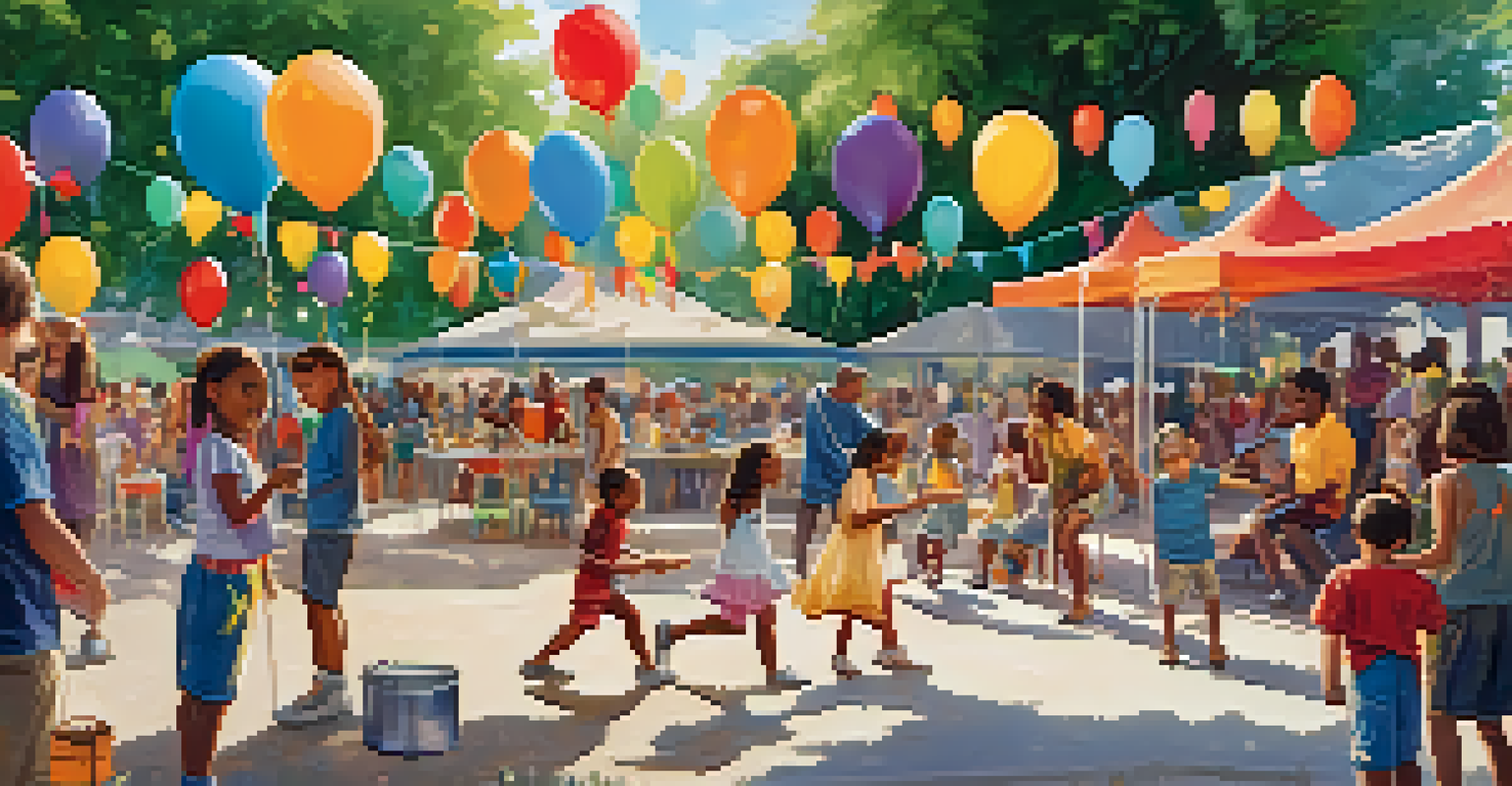 A lively outdoor community event in a park with people painting, playing music, and children playing, filled with colorful decorations.