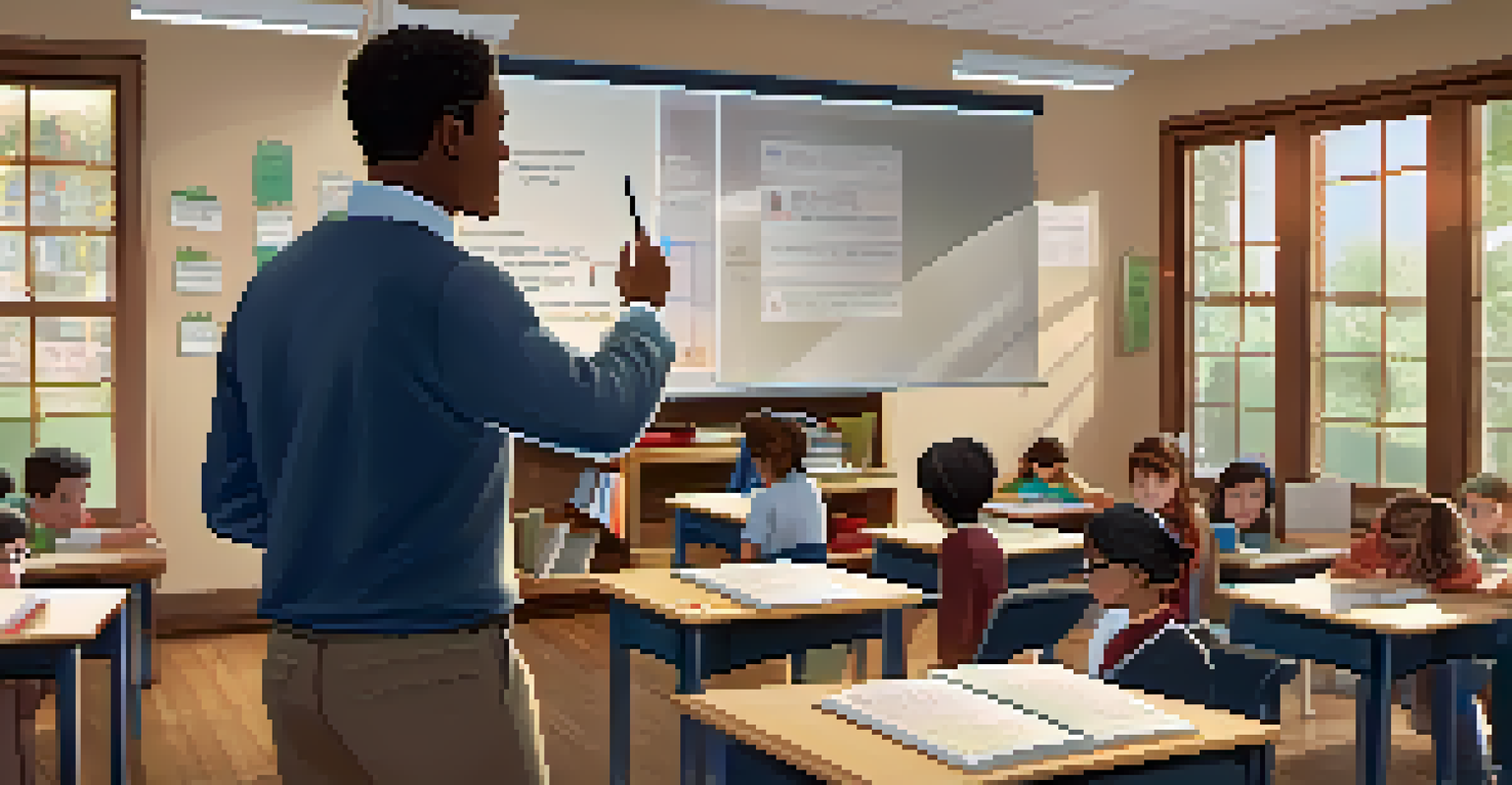 A teacher engaging with students in a classroom while using a digital tablet for grading analytics, with bookshelves and technology around.