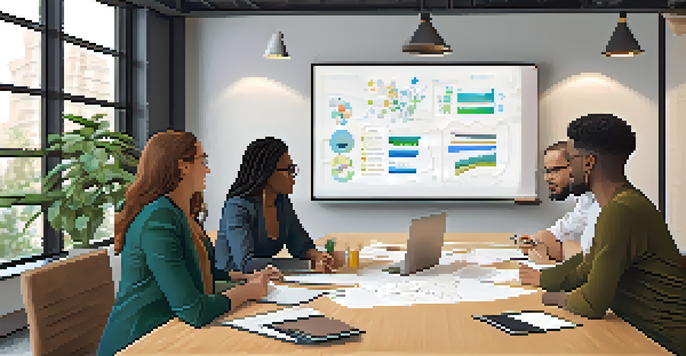 A diverse group of professionals collaborating around a conference table, sharing ideas in a well-lit room.