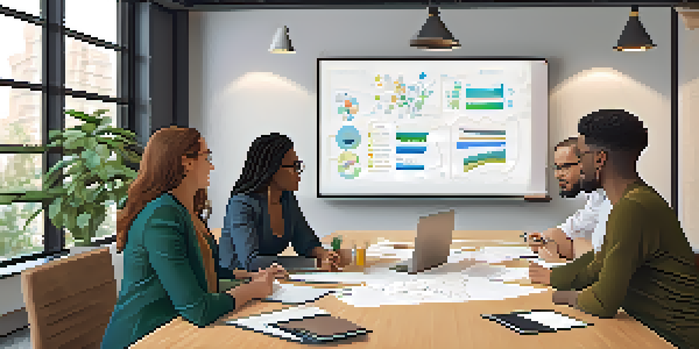 A diverse group of professionals collaborating around a conference table, sharing ideas in a well-lit room.
