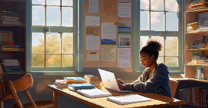 A student reflecting in a study room, surrounded by books and a warm light.