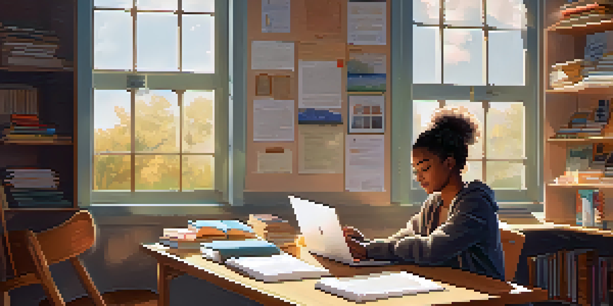 A student reflecting in a study room, surrounded by books and a warm light.