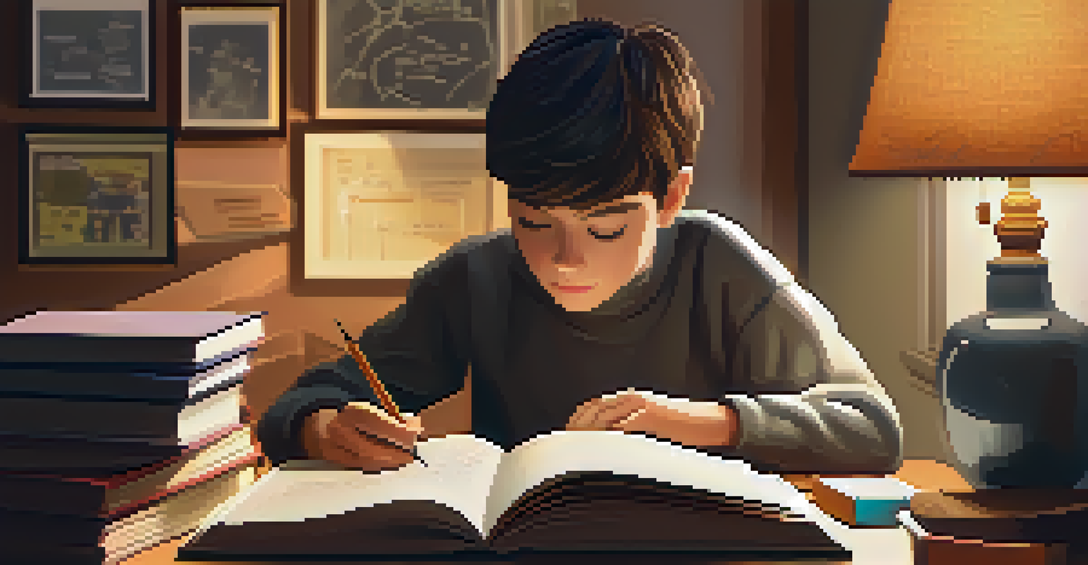 A focused student writing in a journal in a cozy study nook surrounded by books, notes, and a warm lamp, with a motivational quote framed on the wall.