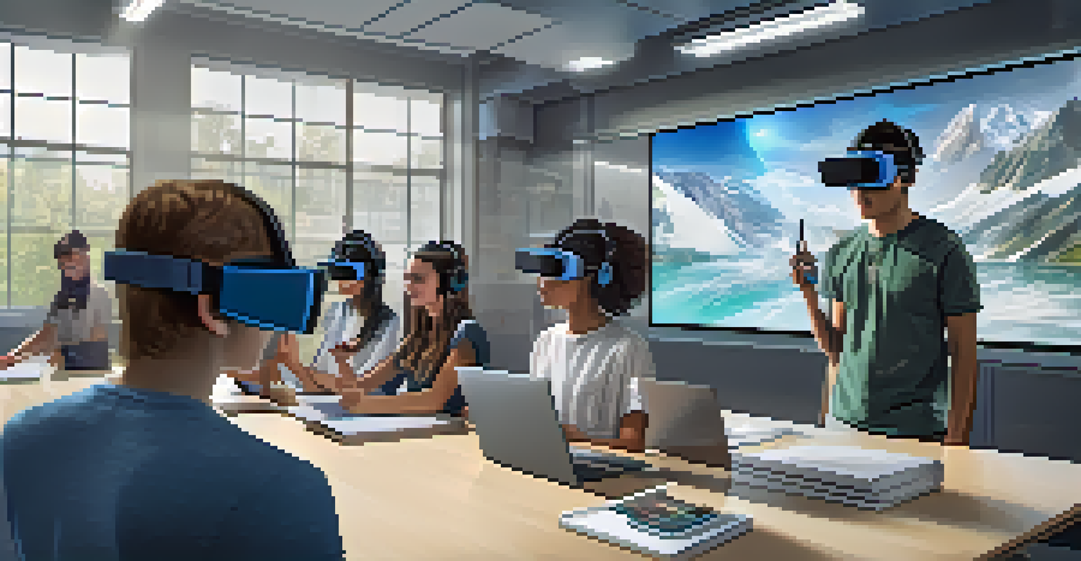 Students using virtual reality headsets in a futuristic classroom, collaborating on a project with holographic displays.