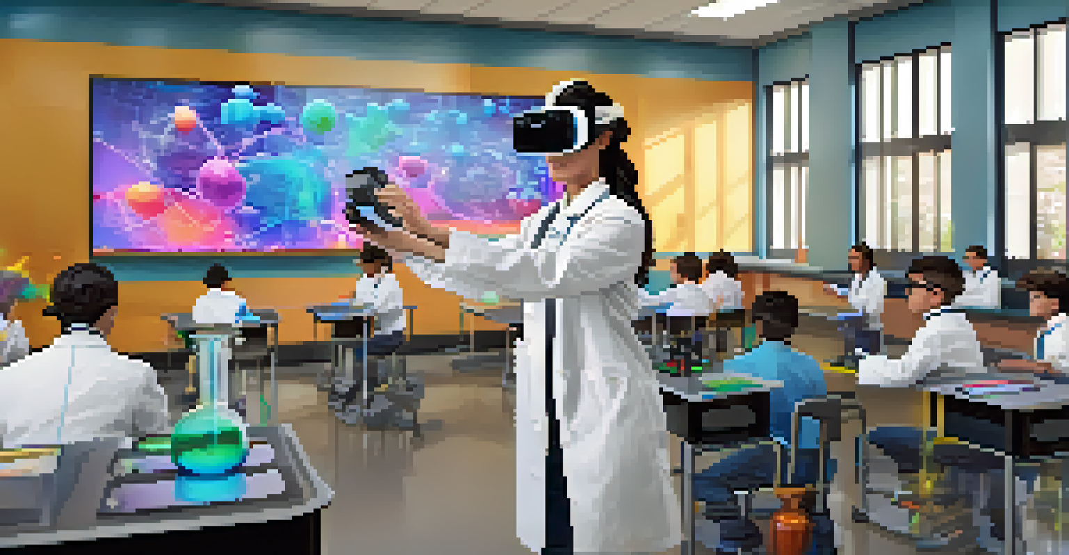An educator and students in a classroom using virtual reality for a chemistry experiment, with vibrant chemical reactions visible in their VR goggles.