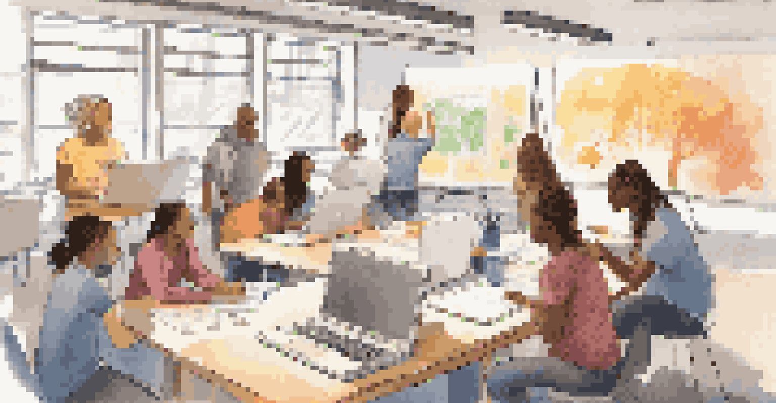 Diverse students collaborating on a project, some on laptops and others brainstorming at a whiteboard in a vibrant classroom.