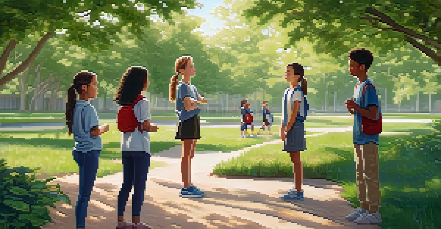 A group of students practicing mindfulness exercises outdoors under the guidance of a teacher, surrounded by nature.