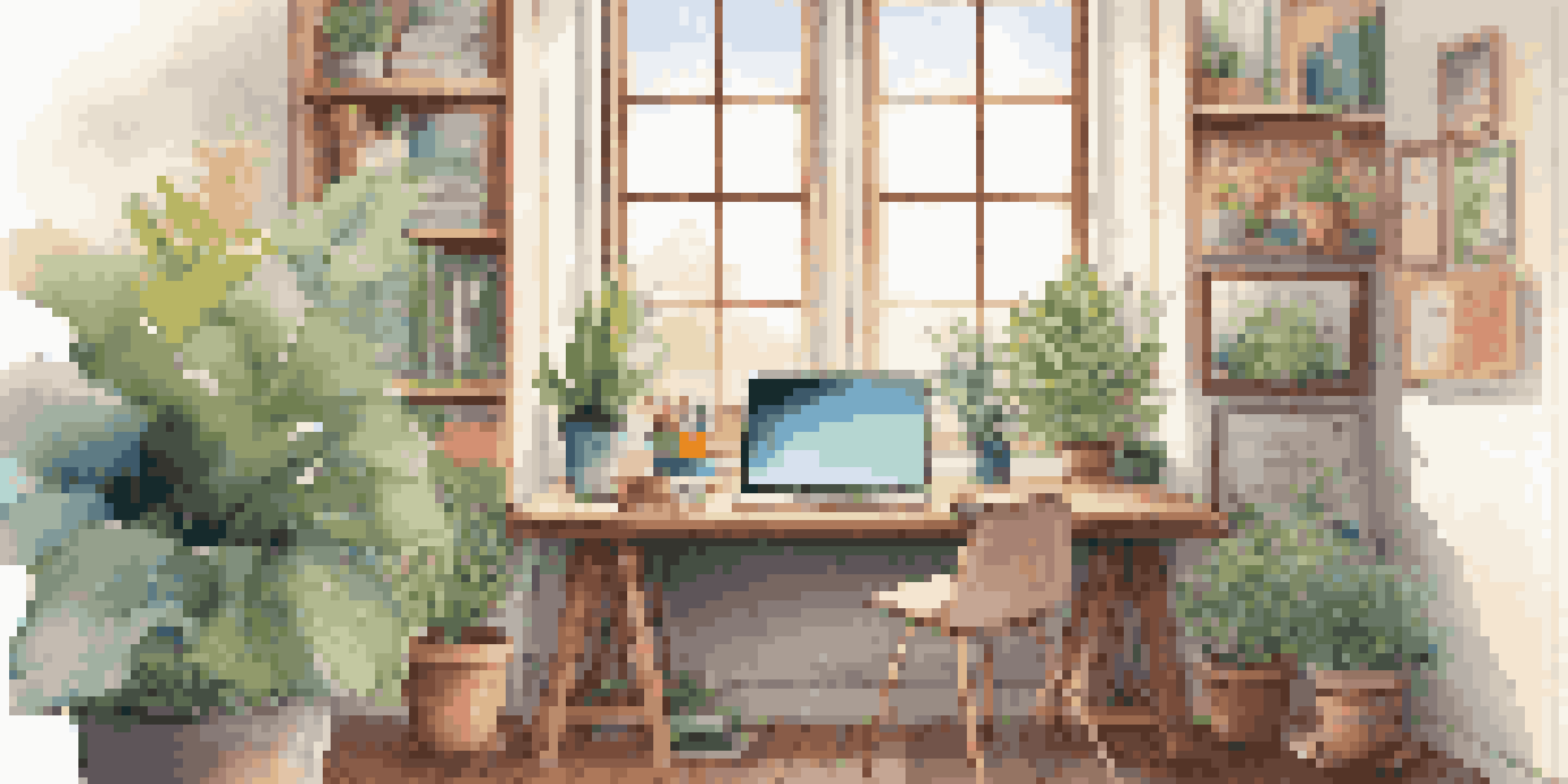 A cozy study area with a wooden desk, a laptop, and plants in natural light, inspiring self-directed learning.