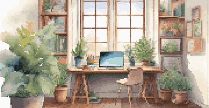 A cozy study area with a wooden desk, a laptop, and plants in natural light, inspiring self-directed learning.