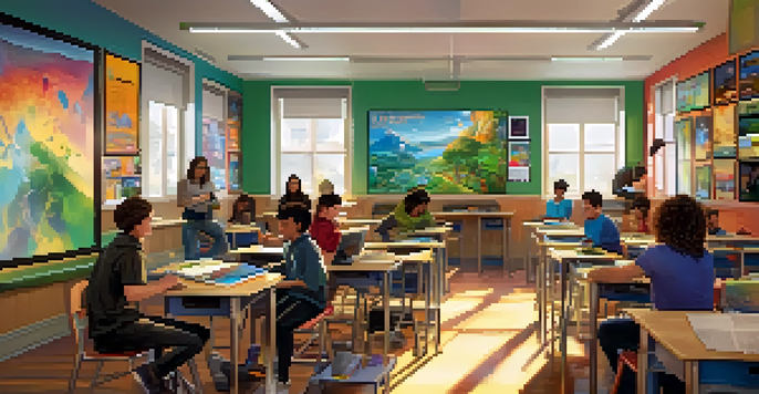 A lively classroom with students working on different learning stations, including video editing and digital art, under bright natural light.