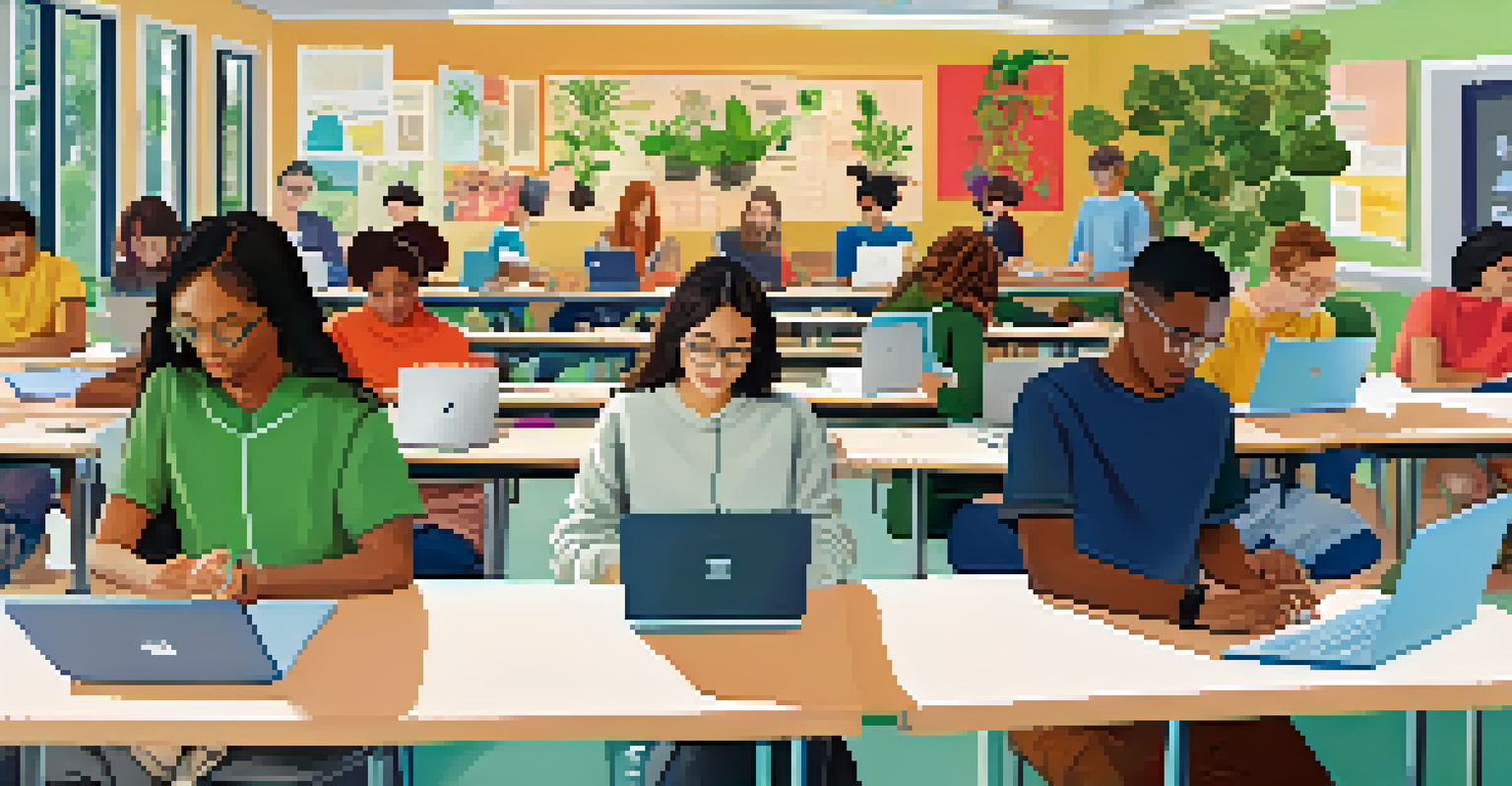 A modern classroom with diverse students collaborating on laptops, with metadata icons integrated into the background.