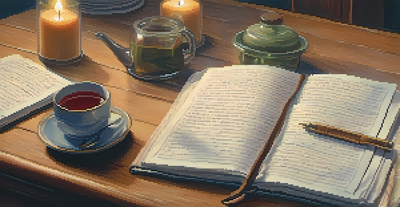 A close-up view of a person journaling with a cup of tea and a candle in a cozy setting.