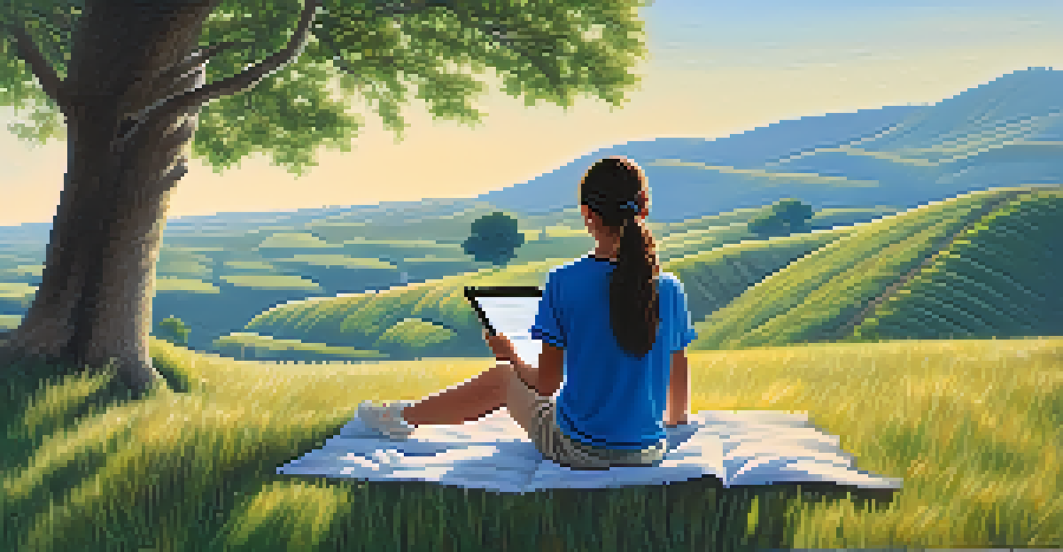 A student using a tablet under a tree in a rural landscape, with hills and mountains in the background, representing technology-enabled learning in remote areas.