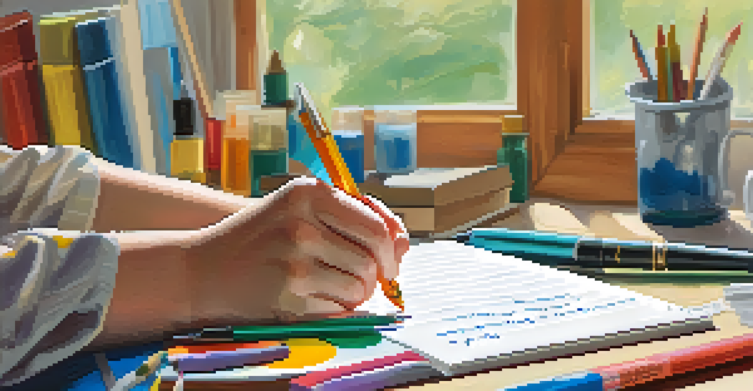 A close-up of a student's hands writing in a reflective journal with art supplies around, emphasizing personal growth and teamwork.