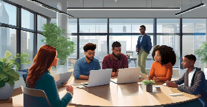 A diverse group of young professionals participating in a technology mentorship session in a bright office, engaged in collaborative learning.