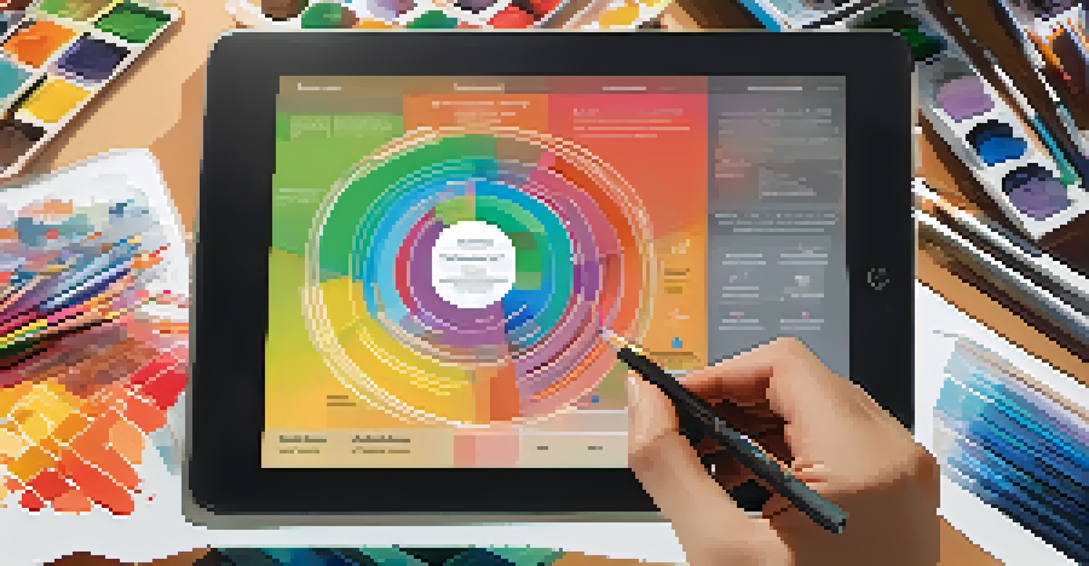 A student using a tablet to design a digital portfolio, with colorful graphics displayed on the screen and art materials around.