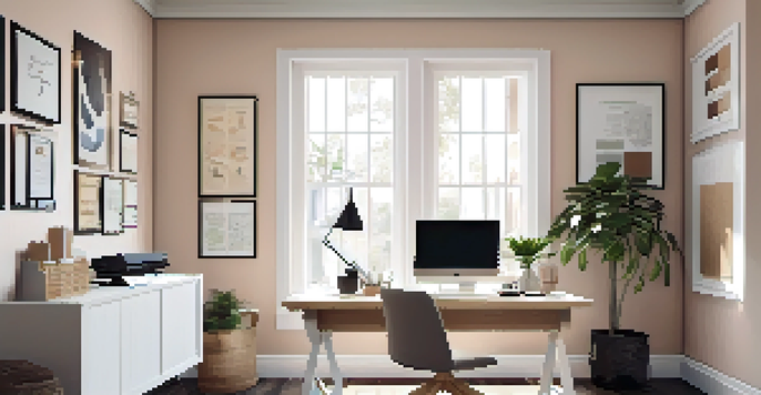 A modern home office with natural light, a laptop, a potted plant, and motivational quotes on the walls.