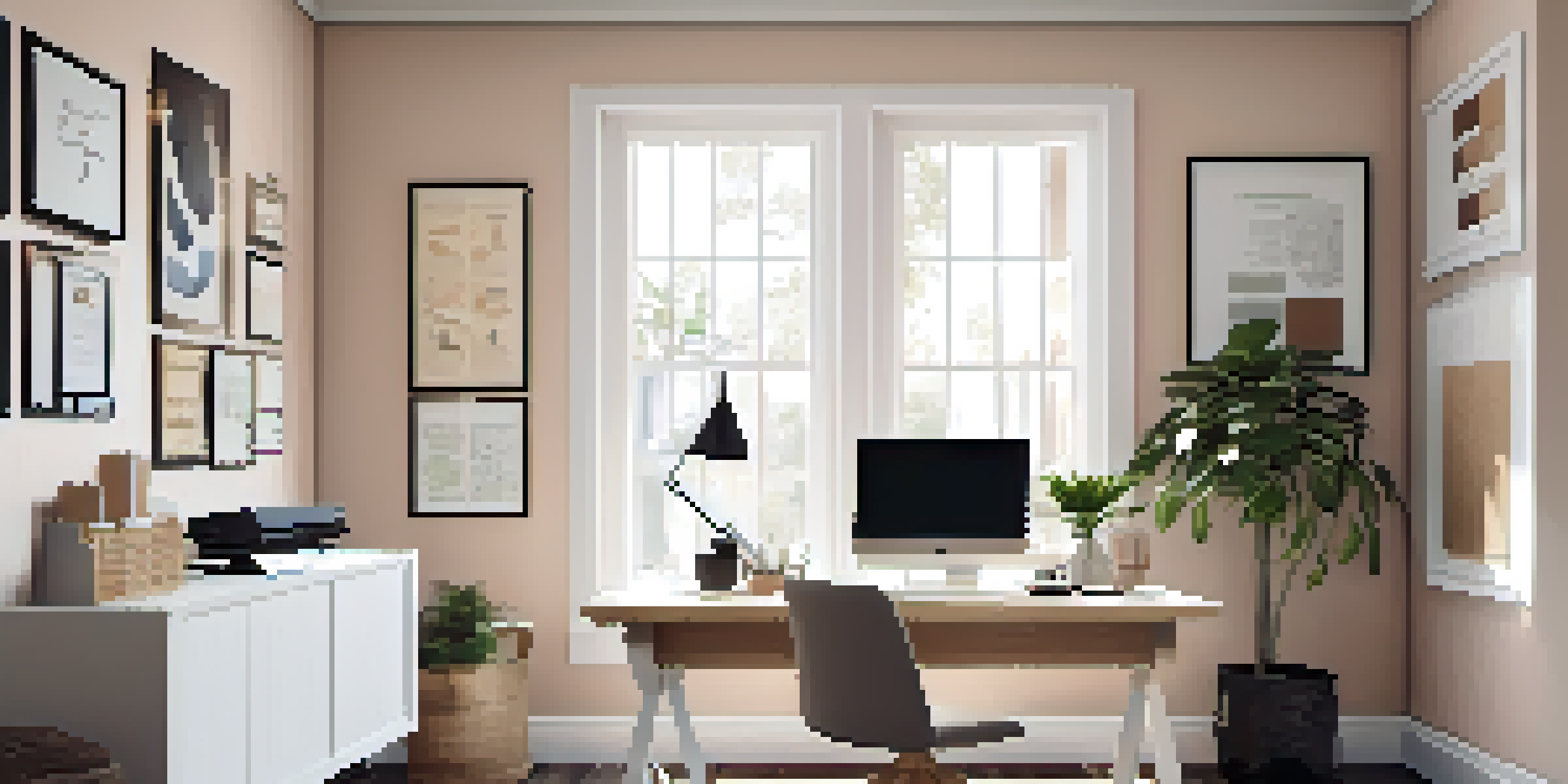 A modern home office with natural light, a laptop, a potted plant, and motivational quotes on the walls.
