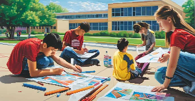 High school students designing health awareness posters outdoors, using colorful markers in front of a school building.