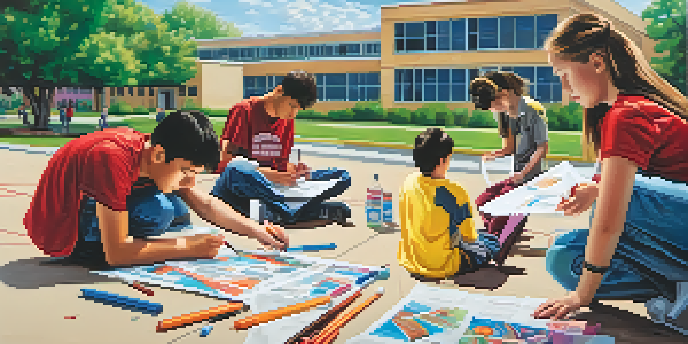 High school students designing health awareness posters outdoors, using colorful markers in front of a school building.