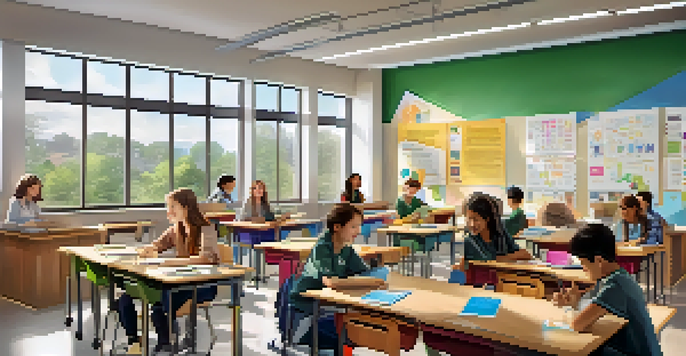 A vibrant classroom scene with diverse students using tablets for personalized learning, bright educational posters on the walls, and natural light streaming through a large window.