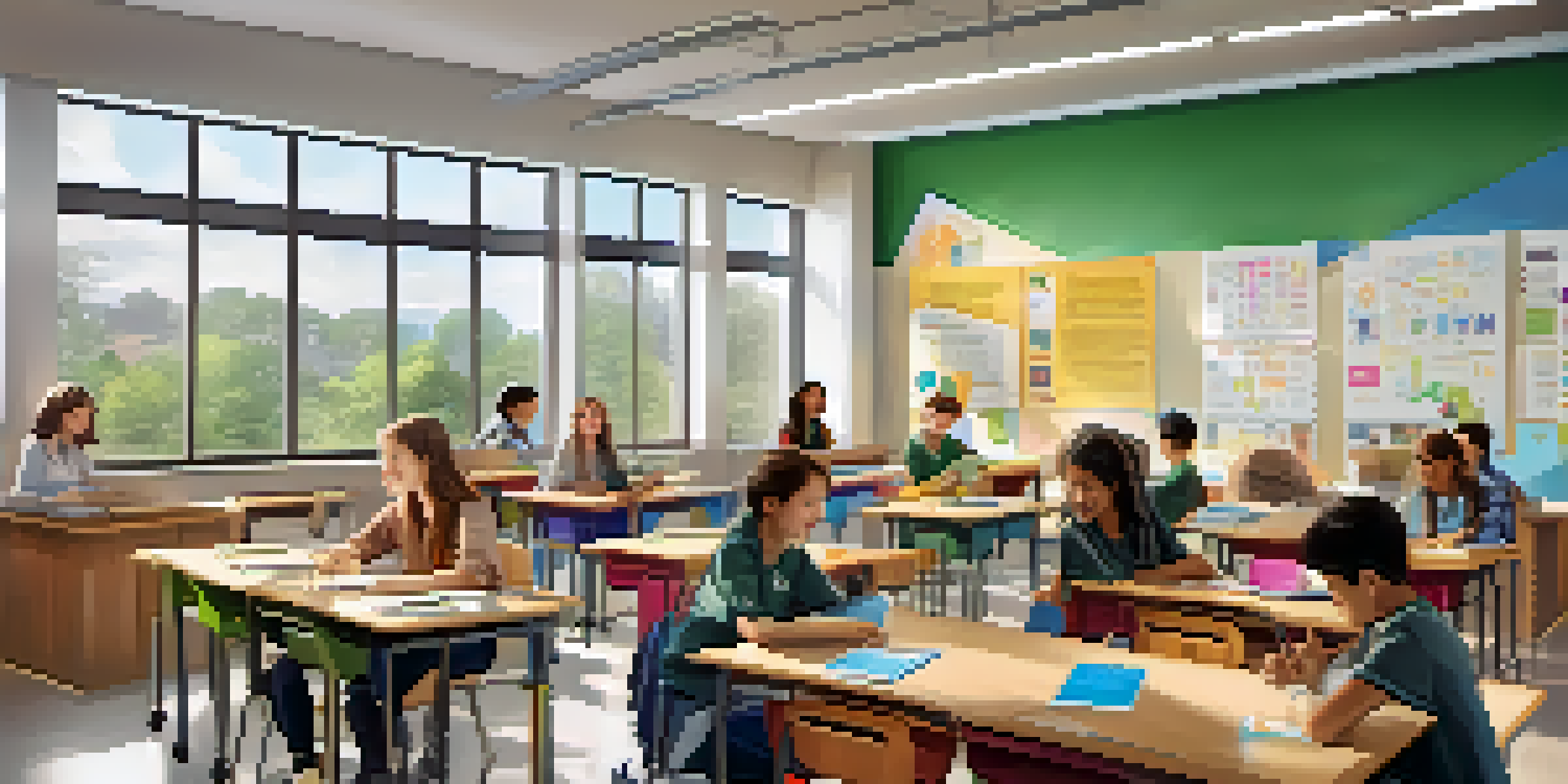A vibrant classroom scene with diverse students using tablets for personalized learning, bright educational posters on the walls, and natural light streaming through a large window.