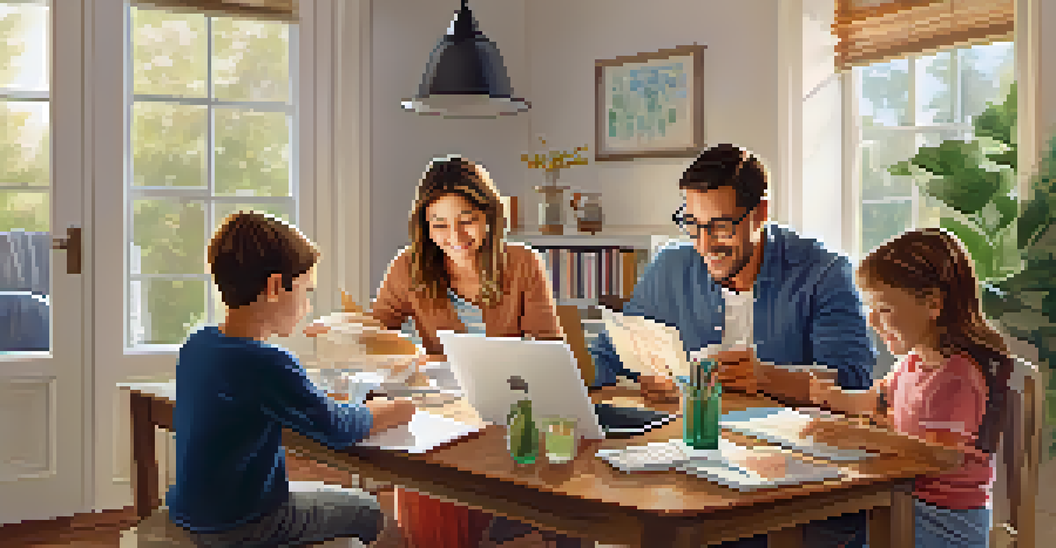 A family actively participating in online learning at a dining table, with devices and study materials around them.