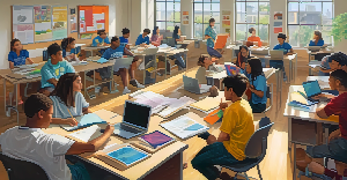 A vibrant classroom with students presenting their portfolios, emphasizing collaboration and creativity.