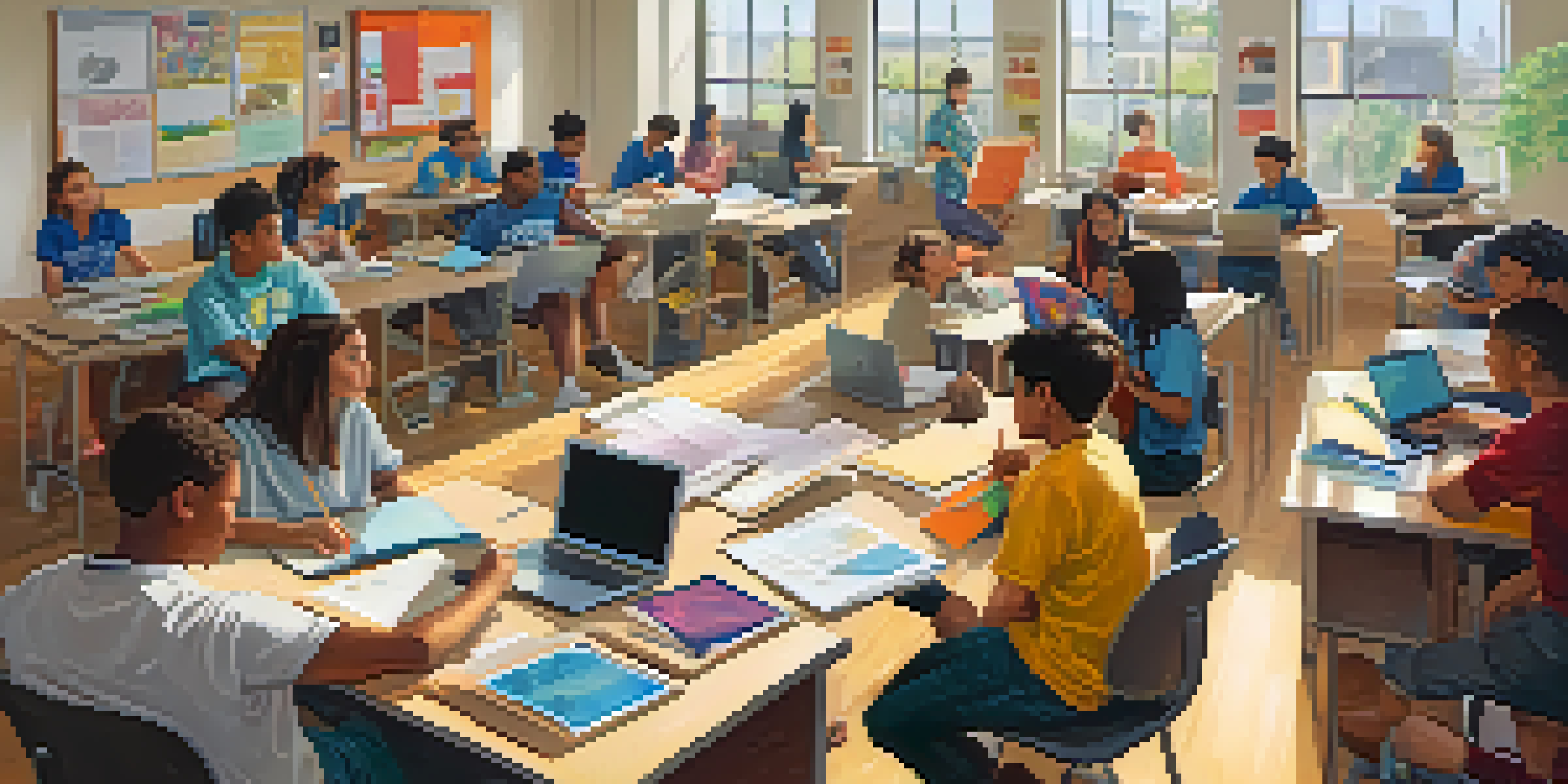 A vibrant classroom with students presenting their portfolios, emphasizing collaboration and creativity.